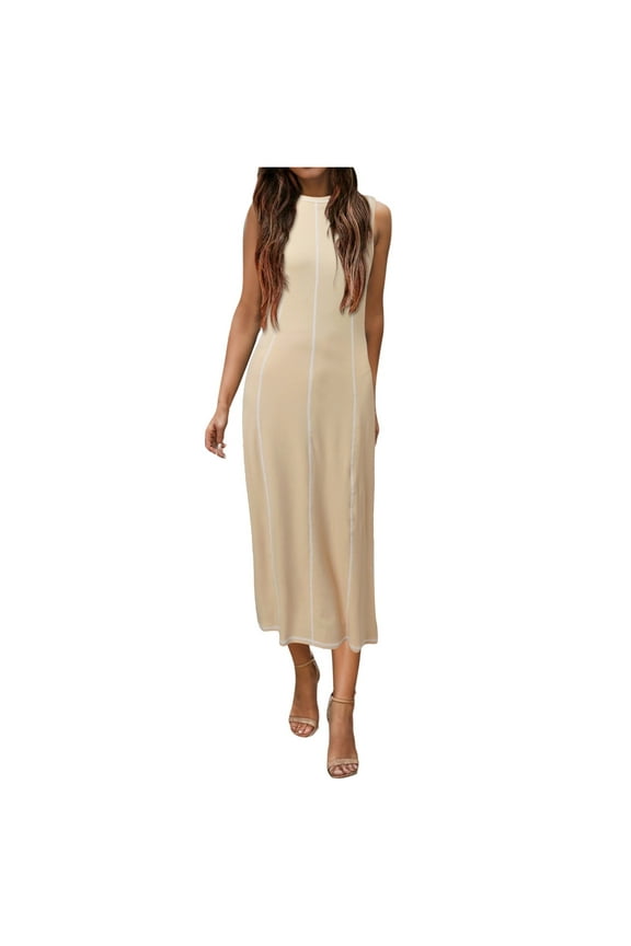 Womens Sleeveless T Shirt Dress Summer Contrast Ribbed Knit Tank Maxi Dresses