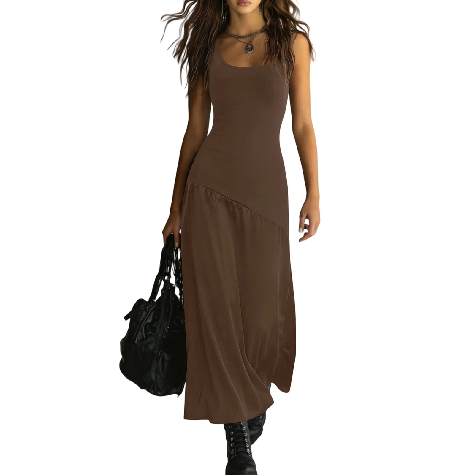 laqbezok Womens Sleeveless Tank Dress, Summer Casual U Neck Bodycon Maxi Dress with Asymmetrical Hem, Gothic Grunge Style Long Sun Dress, Women's