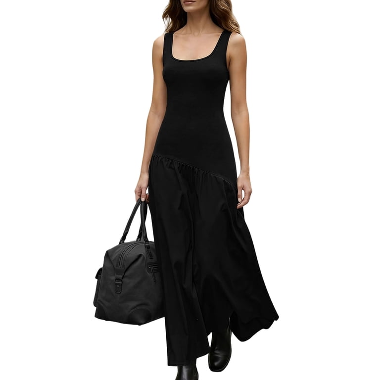 grunge summer dress Womens Sleeveless Tank Dress, Casual U Neck Bodycon Maxi with Asymmetrical Hem, Gothic Style Long Sun Dress Three N