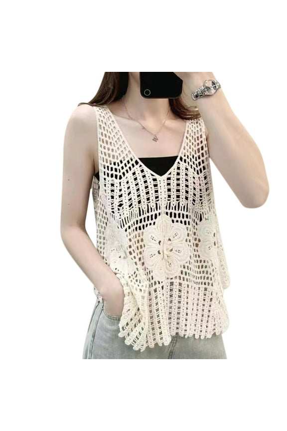 Womens Sleeveless Tank Top Casual Loose Fit Crochet Knitted Vest Hollow Camisole