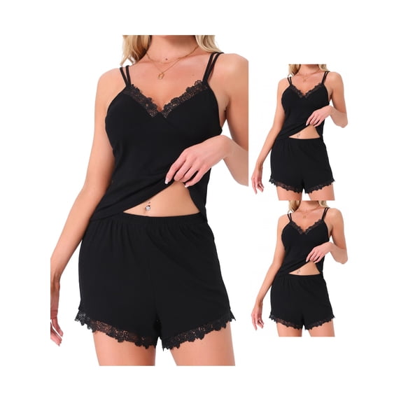 NOMADIC NOOK Womens Sleeveless Tank Top Low Cut Ribbed Cami Lounge Set Lace Spaghetti Strap 3 Pack Black X-Small
