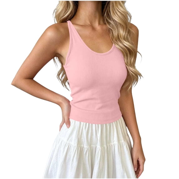 Womens Sleeveless Tank Top form Fitting Spaghetti Strap Crew Neck Ribbed Knit Basic Cami Shirts with Chest Padded Pink