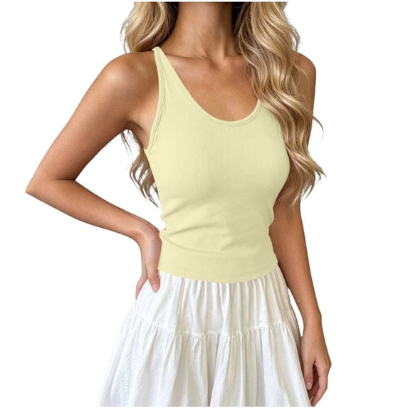 Womens Sleeveless Tank Top form Fitting Spaghetti Strap Crew Neck Ribbed Knit Basic Cami Shirts with Chest Padded Yellow