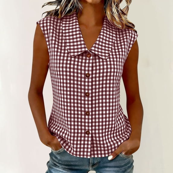 Womens Sleeveless Tank Tops Plaid Printed Collared Camisole for Women Button Down Dressy Casual Shirts
