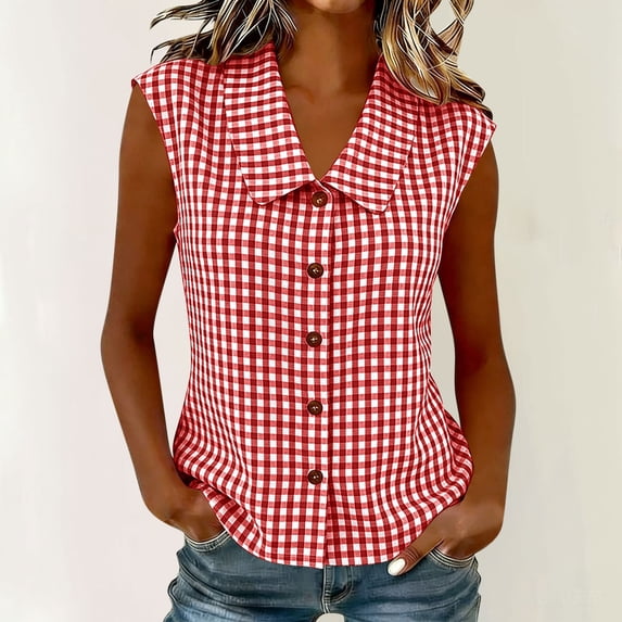 Womens Sleeveless Tank Tops Plaid Printed Collared Camisole for Women Button Down Dressy Casual Shirts