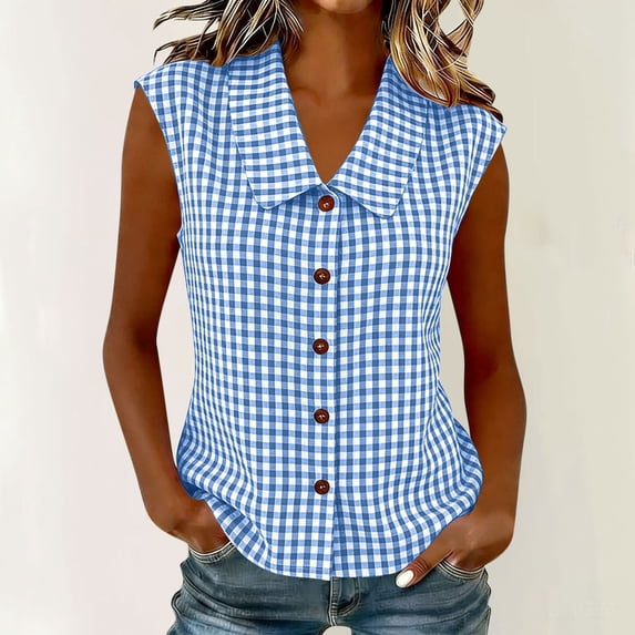 Womens Sleeveless Tank Tops Plaid Printed Collared Camisole for Women Button Down Dressy Casual Shirts