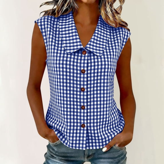 Womens Sleeveless Tank Tops Plaid Printed Collared Camisole for Women Button Down Dressy Casual Shirts