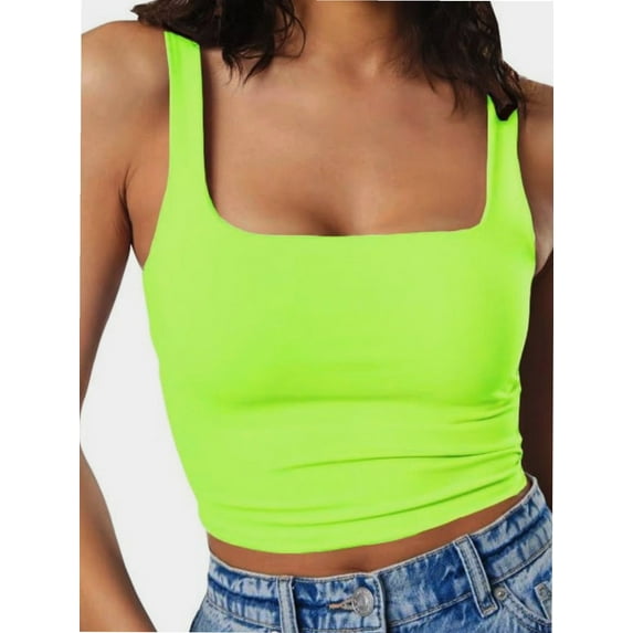 Womens Sleeveless Tanks Strappy Square Neck Skinny Cami Tops Basic Workout Fitness Crop Tank Top