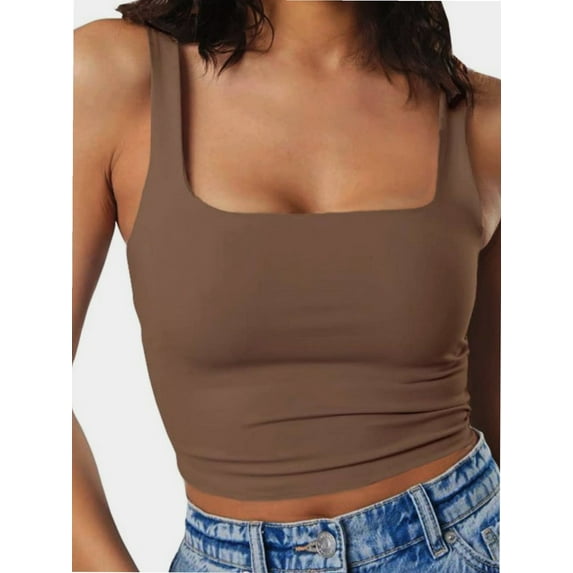 Womens Sleeveless Tanks Strappy Square Neck Skinny Cami Tops Basic Workout Fitness Crop Tank Top