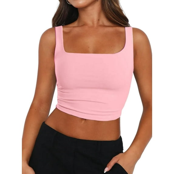 Womens Sleeveless Tanks Strappy Square Neck Skinny Cami Tops Basic Workout Fitness Crop Tank Top