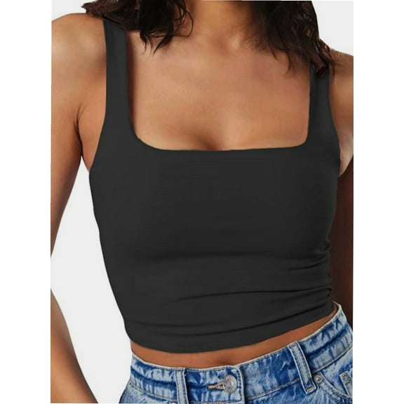Womens Sleeveless Tanks Strappy Square Neck Skinny Cami Tops Basic Workout Fitness Crop Tank Top