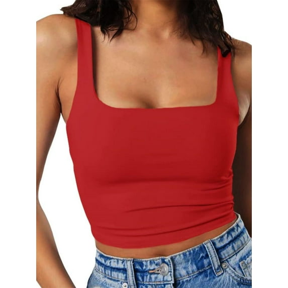 Womens Sleeveless Tanks Strappy Square Neck Skinny Cami Tops Basic Workout Fitness Crop Tank Top