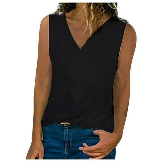 Womens Sleeveless Top Tees Shirts V Neck Casual Summer Tank Tops for Women Loose Fitting Solid Color Comfy Tanks (X-Large, Black)