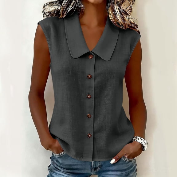 Womens Sleeveless Tops Button Down Dress Shirts Summer Cute Doll Collar Tank Casual Dressy V Neck Shirt Work Blouses