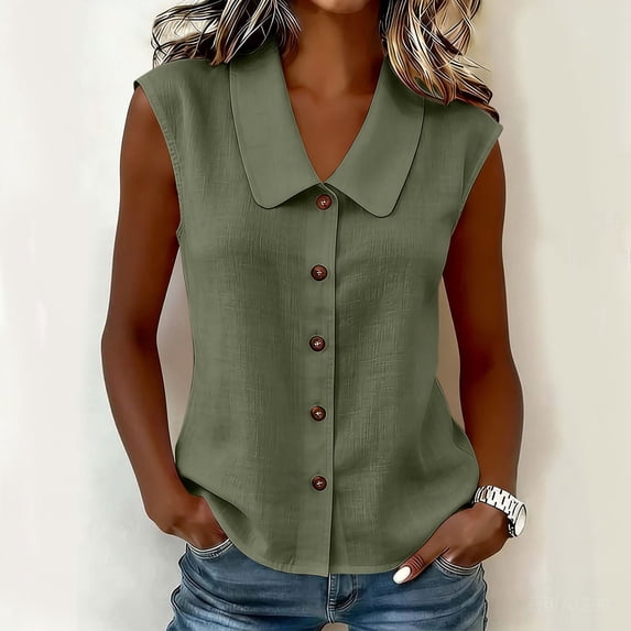 Womens Sleeveless Tops Button Down Dress Shirts Summer Tank Casual DressyV-Neck Shirt Work Blouses(Green,XXL)