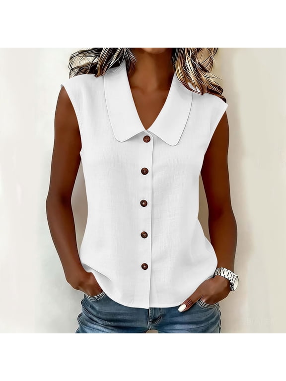 Womens Sleeveless Tops Button Down Dress Shirts Summer Tank Casual DressyV-Neck Shirt Work Blouses(White,S)