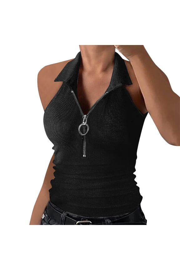 Tank Tops For Women Womens Sleeveless Tops Lapel Color Solid Stripe Vest Shirt Zipper Summer Outfits Womens Camisole Tank Tops