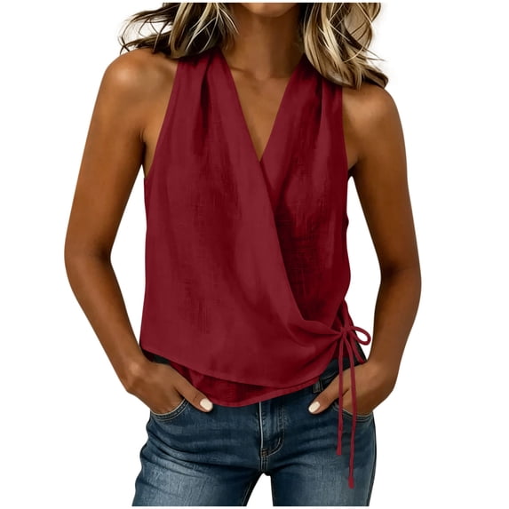 Womens Sleeveless Tops Summer Cotton Linen Blouse Dressy Casual Side Tie Shirt V-Neck Wrap Tank Top for Beach Vacation
