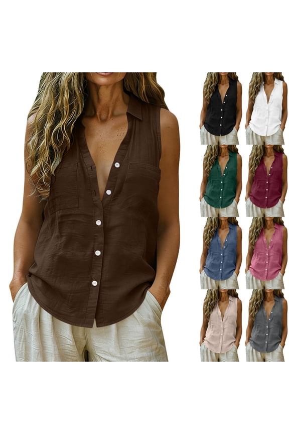 Womens Sleeveless Tops V Neck Loose Fit Soft Textured Vests Button Down Pullover Casual Blouses