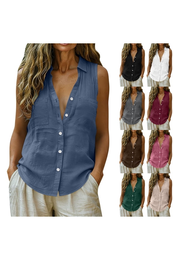 Womens Sleeveless Tops V Neck Loose Fit Soft Textured Vests Button Down Pullover Casual Blouses