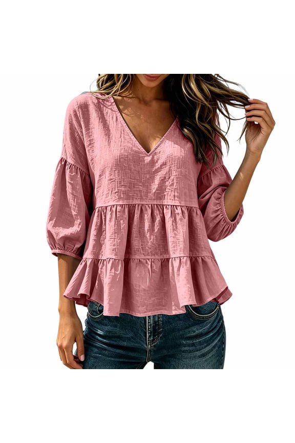 Womens Sleeveless Tops Women’s V Neck Peplum Blouses - 3/4 Puff Sleeve Loose Flowy Tops - Ruffle Hem Summer Beach Vacation Tops S