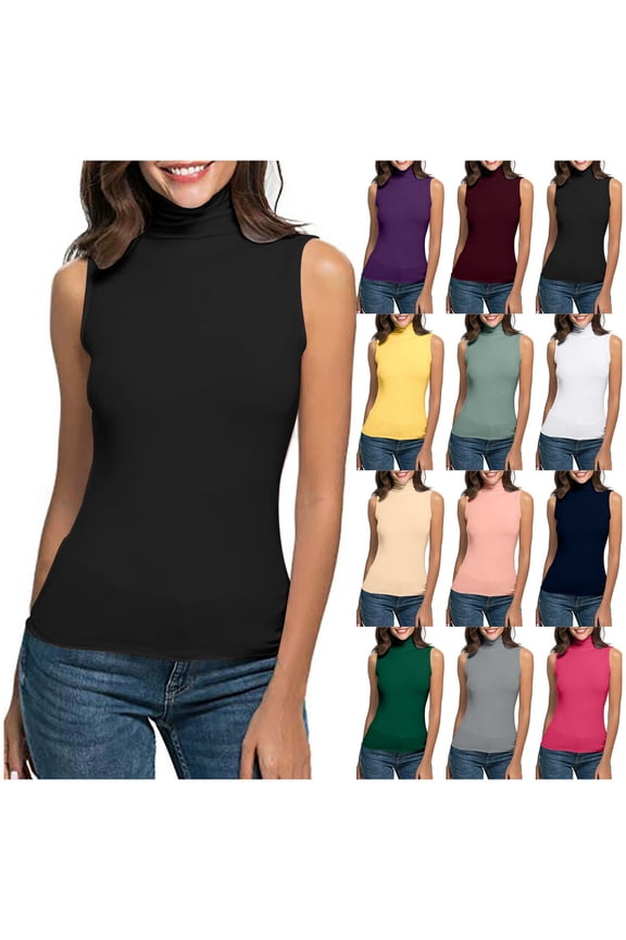 Womens Sleeveless Turtleneck Shell Slim Fit Solid Color Modern Comfort Top