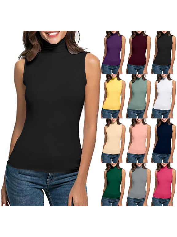 Womens Sleeveless Turtleneck Top Slim Fit Solid Color Blouse Modern Comfortable Shell