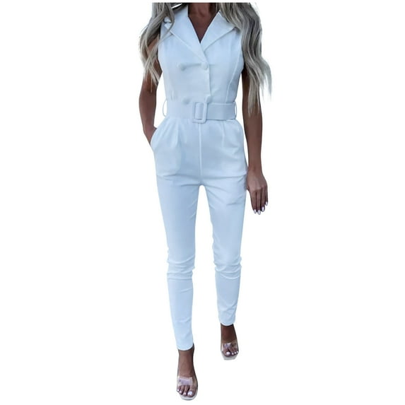 Women's Notch Collar Sleeveless Blazer Jumpsuit Double Breasted Belted Wrap Solid Slim Fitted Romper with Pockets