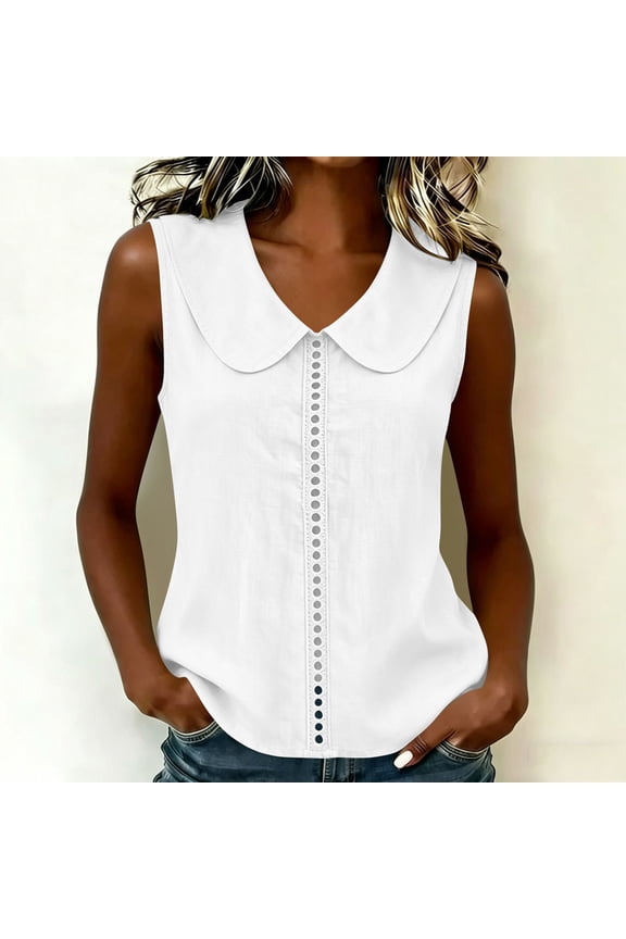 Womens Sleeveless V-Neck Blouse Peter Pan Collar Eyelet Lace Trim Relaxed Fit Button Down Top White,Size XL