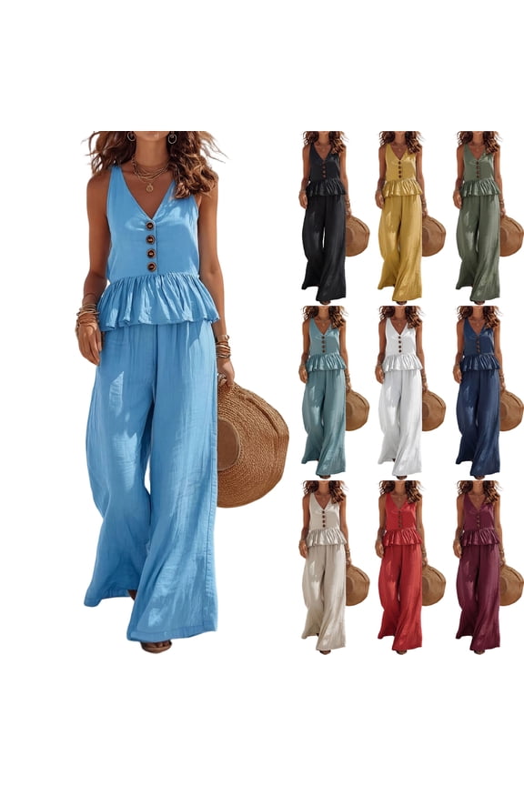 Womens Sleeveless V Neck Jumpsuits with Front Button Detail and Ruffle Waist Featuring Wide Leg Pants Cut Blue S