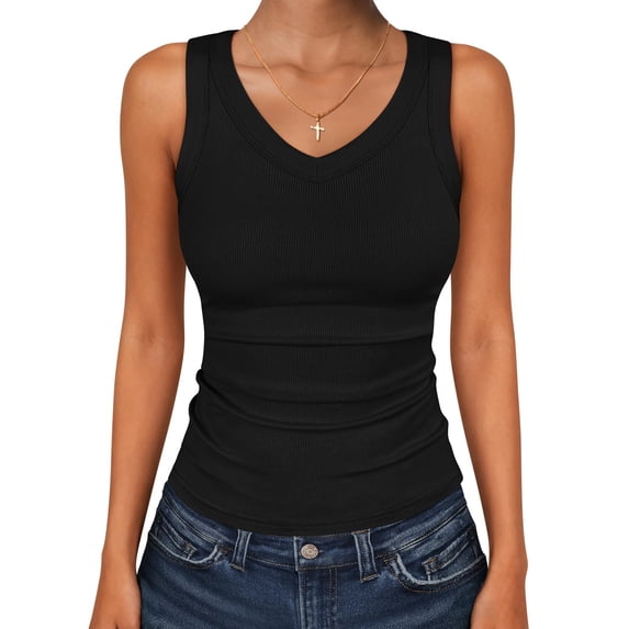 Womens Sleeveless V Neck Ribbed Knit Tank Tops Summer Slim Fitted Casual Tee Shirts Basic Top 2026
