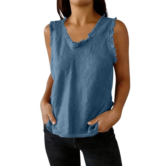 Womens Sleeveless V Neck Tops Summer Linen Tank Tops Solid Color Raw Edge Hem Camisoles Y2K Going Out