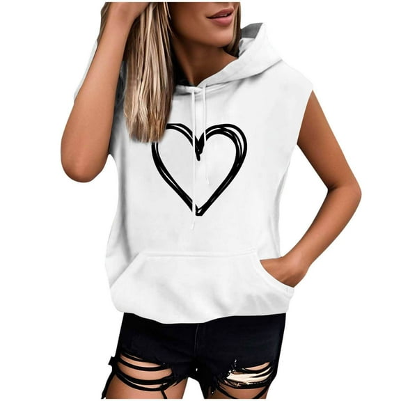 Womens Sleeveless Vest Hoodie Lightweight Drawstring Pullover Sweatshirt Casual Loose Print Tank Top with Pockets