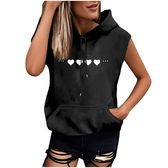 Womens Sleeveless Vest Hoodie Lightweight Drawstring Pullover Sweatshirt Casual Loose Print Tank Top with Pockets