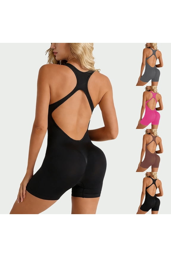 Womens Sleeveless Workout Jumpsuit Seamless Yoga Romper Back Cross Bodycon Tummy Control Unitard Onesie Grey S