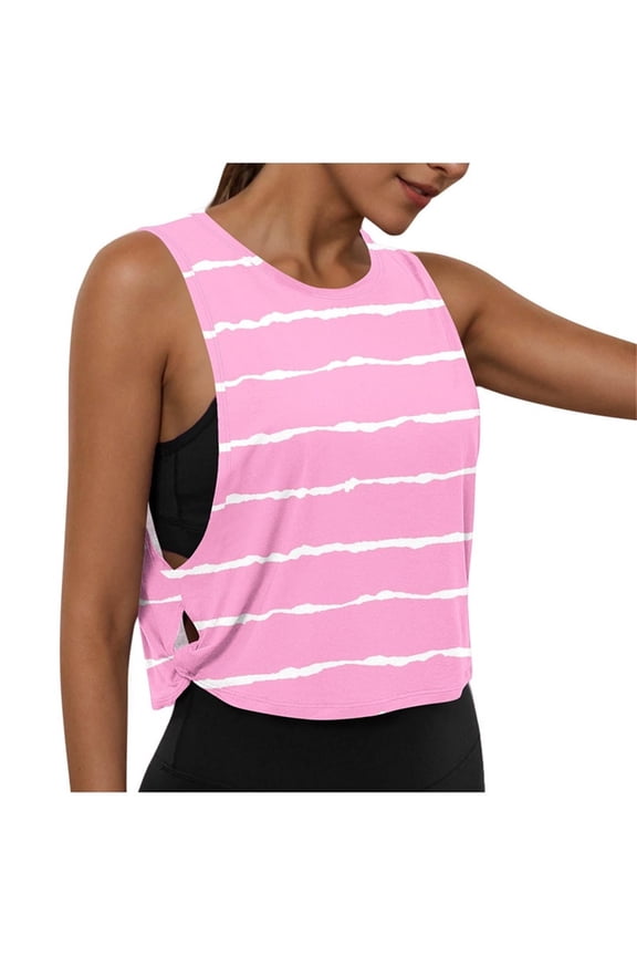 Womens Sleeveless Workout Tops Striped Side Knot Slit Yoga Tank Top, Athletic Crew Neck Muscle Camisoles with Deep Armhole Quick Dry Summer Exercise Clothes for Women