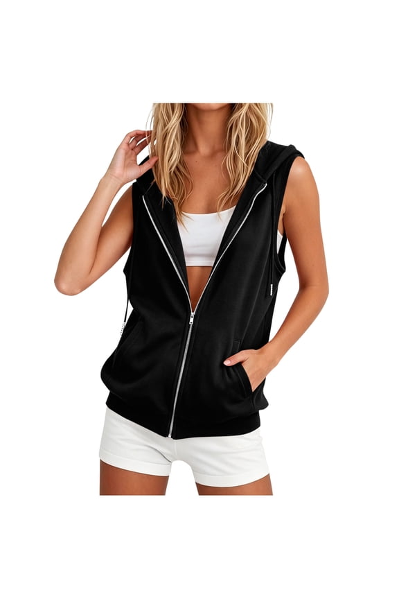 Womens Sleeveless Zip Up Hooded Vest Casual Workout Jersey Knit Layering Hoodie Tops with Drawstring Pockets for Jogging