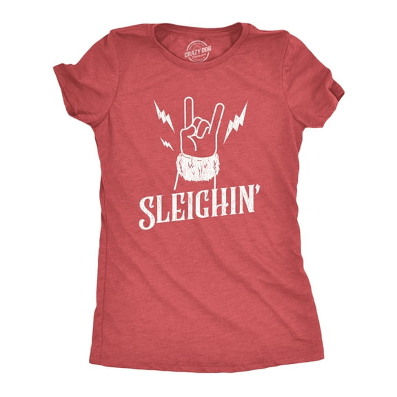 Womens Sleighin T Shirt Funny Santa Claus Christmas Rock and Roll Metal Fingers Graphic Tee Womens Graphic Tees