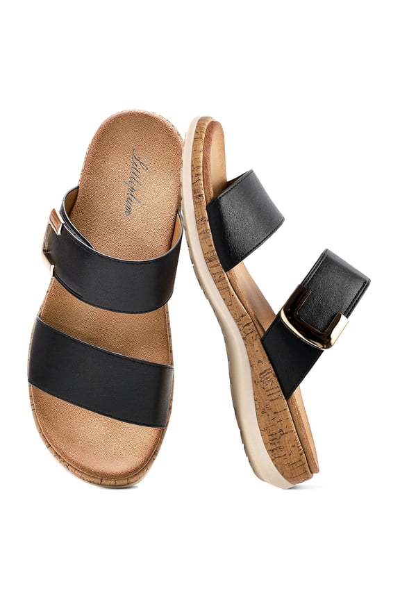 Slide Sandals for Women Slippers with Arch Support Wide Cork Non-Slip Adjustable Straps Summer Daily Beach Casual Shoes, Black, 9