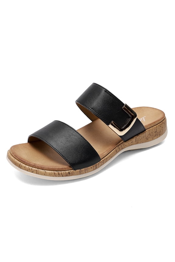 Womens Arch Support Sandals Wide Width Fit Adjustable Strap Slide Platform Casual Summer Beach Shoes, Black, Size 7.5