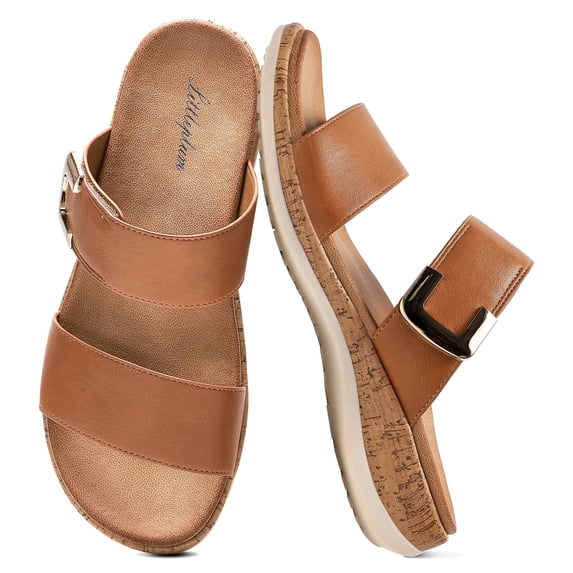 Littleplum Slide Sandals for Women Slippers with Arch Support Wide Cork Non-Slip Adjustable Straps Summer Daily Beach Casual Shoes, Brown, 7.5