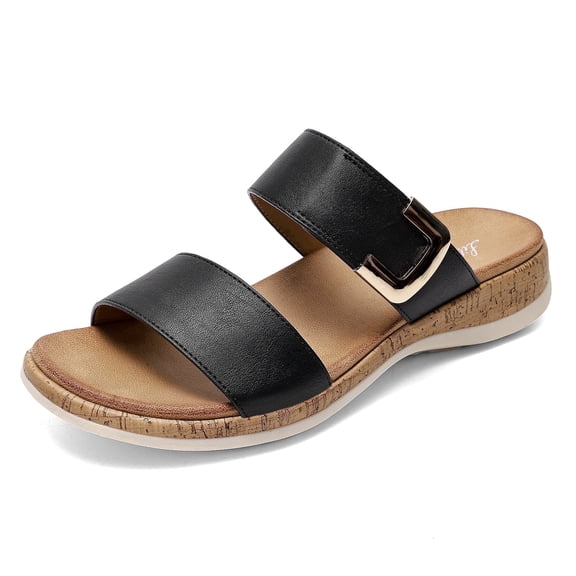 Littleplum Slide Sandals for Women Slippers Shoes Arch Support Wide Width Cork Non-Slip with Adjustable Straps Platform Wedge Footwear for Summer Beach Casual Wear, Black, Size 6.5