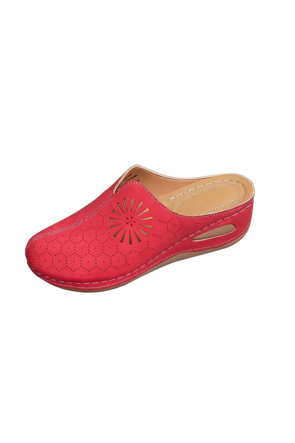 Womens Slide Sandals Low Wedge Comfortable Breathable Casual Everyday Mules Slip On Red,Size 7