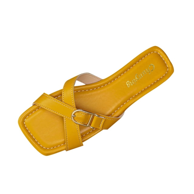 Womens Slide Sandals Square Toe Crisscross Strap Comfortable Flat Faux Faux Leather Everyday Yellow,Size 6