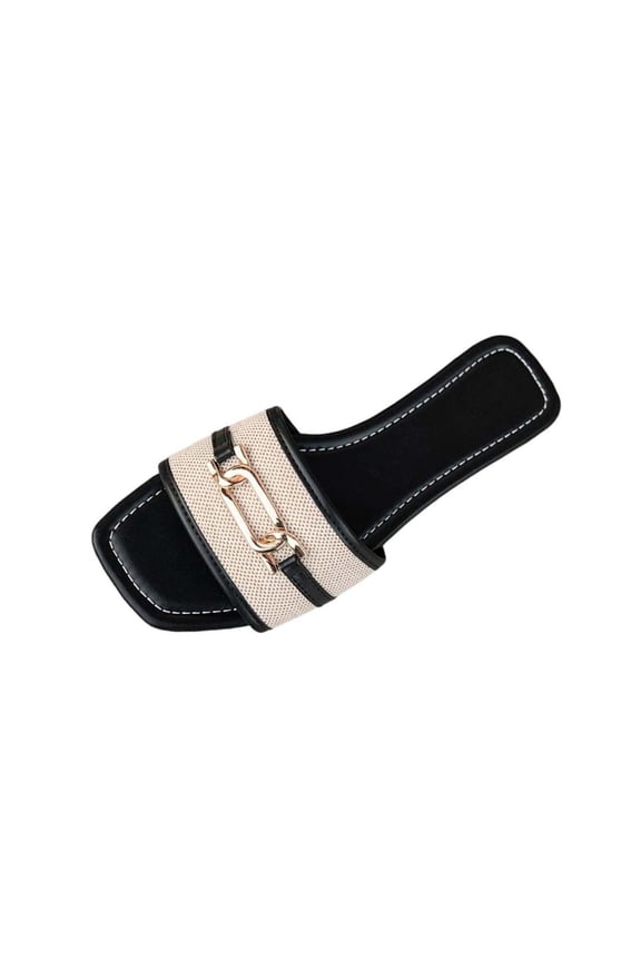 Womens Slide Sandals Square Toe Mules with Metallic Chain - Casual Comfort Slip-On Sandals for Women - Black,Size 9