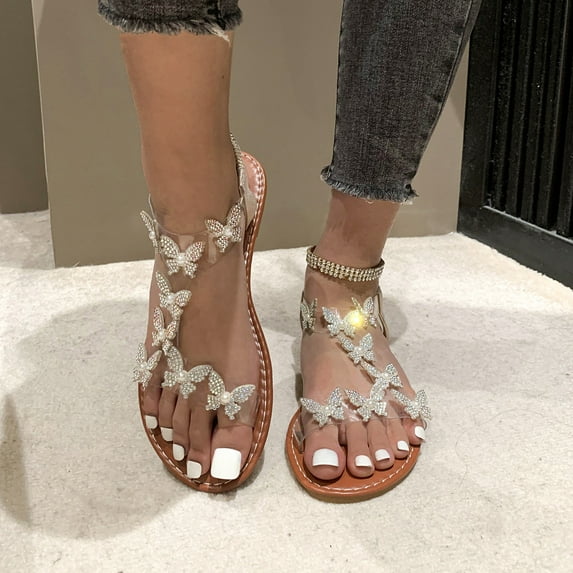 Womens Slides Rhinestone Butterfly Leather Slides Clear Strap Flat Slides Indoor Outdoor Beach Party Vacation Travel Summer Casual Outfits