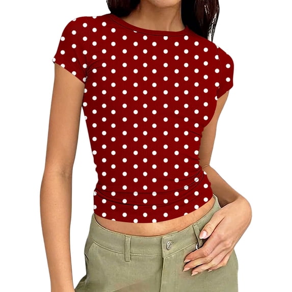 Womens Slim Fit Crop Tops Short Sleeve Ribbed Knit T-shirts Crew Neck Casual Base Tee 2026 Spring Summer Clothes (2XL, Red|Dots)