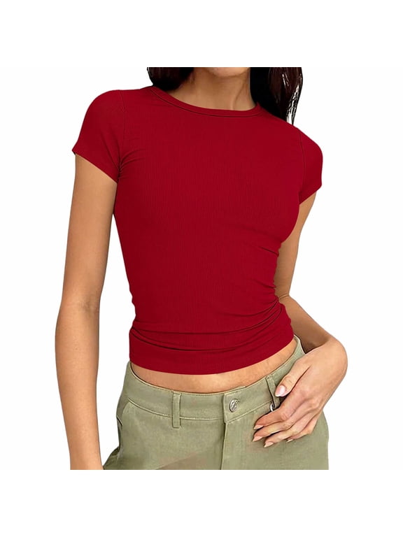 Womens Slim Fit Crop Tops Short Sleeve Ribbed Knit T-shirts Crew Neck Casual Base Tee 2026 Spring Summer Clothes (L, Red)