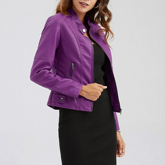 Womens Slim Fit Jacket Faux Leather Zip Up Stand Collar Blouse Fashion Coat Motorcycle Jacket Tops Outwear (2XL, Purple)