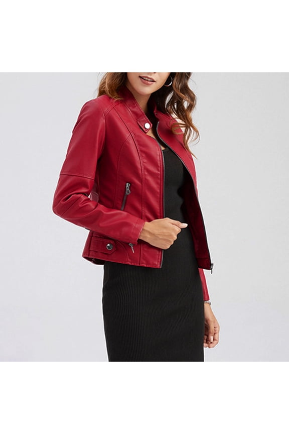 Womens Slim Fit Jacket Faux Leather Zip Up Stand Collar Blouse Fashion Coat Motorcycle Jacket Tops Outwear (4XL, Red)